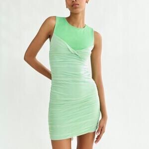 ZARA Mint Tulle Mesh Ruched Mini Dress Size Medium